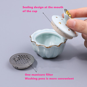 Wholesale Professional Nail Cup with Butterfly Decoration Ceramic Glass Material for Acrylic Liquid Wash Cleaning <b>Pen</b> with Cover - Product Image 3