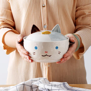 Bol à nouilles en céramique avec couvercle, grande capacité, double poignée, motif lapin, pour enfants et adultes, usage domestique - Product Image 4