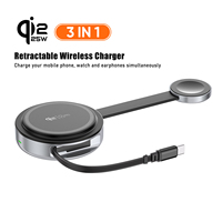 Kabel Charger Nirkabel Magnetik 3 in 1 Qi2 25W dengan Kabel USB C Retraktil Portabel 0.8m Hitam untuk iPhone 18 17, Jam Tangan, dan Earphone