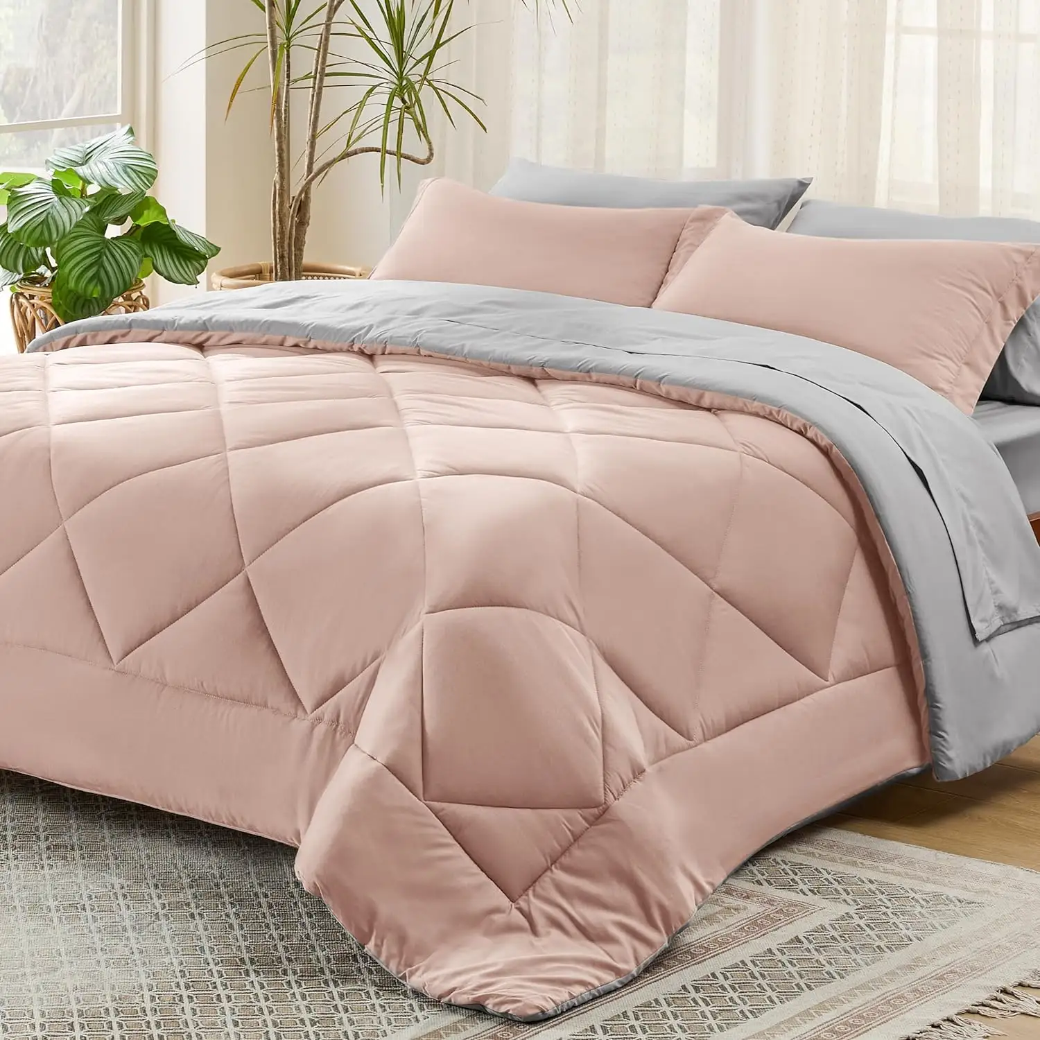 Blush Pink 7 piezas Reversible Queen Bed in a Bag Queen Bed Set con edredones Sábanas Fundas de almohada y fundas Queen Juegos de cama