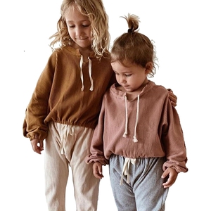 Ensemble décontracté à manches longues pour enfant, 2 pièces, haut surdimensionné avec cordon de serrage, <span class=keywords><strong>tenue</strong></span> avec nervures, printemps-automne - Product Image 2