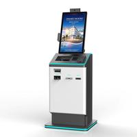 Kiosque d'auto-enregistrement hôtelier avec lecteur de passeport, écran tactile et distributeur de billets