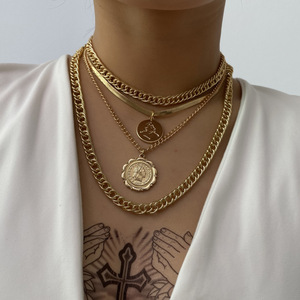 Toptan Punk çok katmanlı Curb küba tıknaz kalın portre gerdanlık kolye kadınlar Vintage oyma sikke kolye takı - Product Image 1