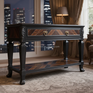 <span class=keywords><strong>Meuble</strong></span> <span class=keywords><strong>TV</strong></span> en bois massif noir antique OE-FASHION, console multimédia de luxe en noyer avec marqueterie et étagères ouvertes - Product Image 2