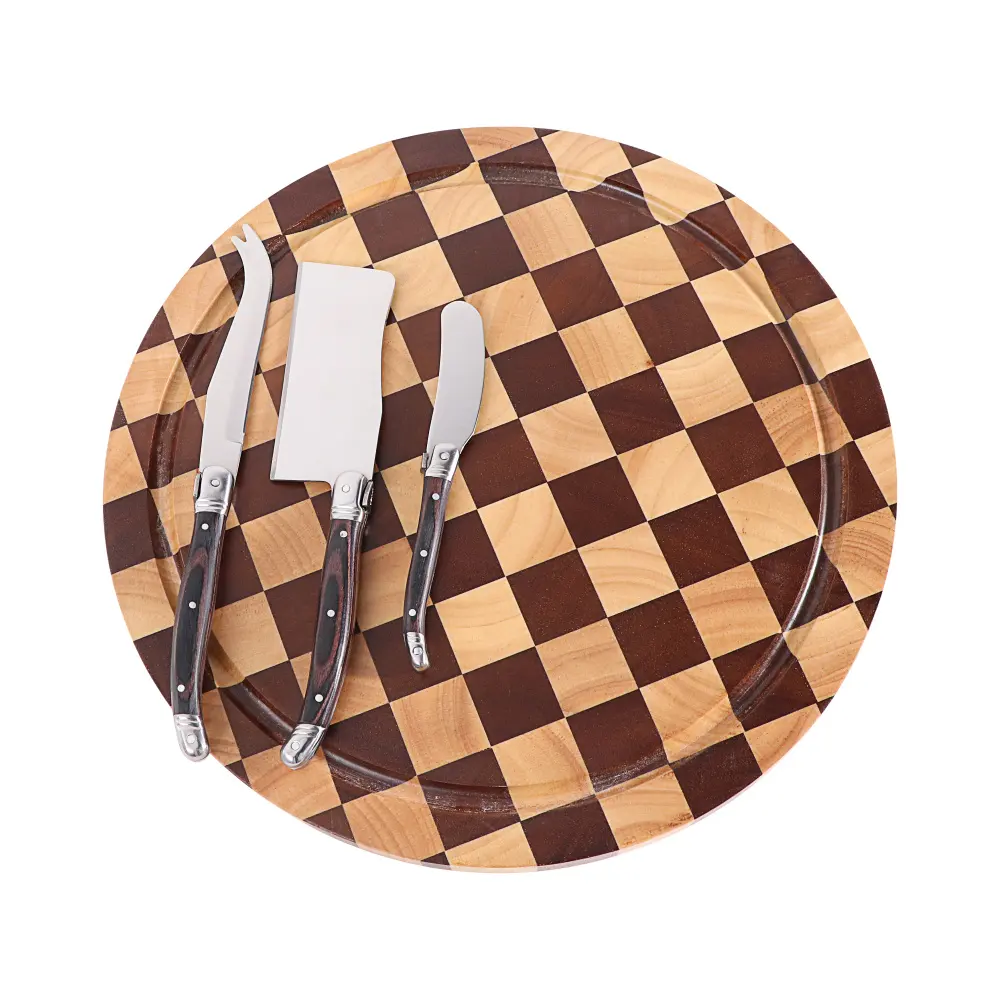 Tagliere a scacchi in legno massello di gomma blocco da macellaio a grana fine di forma rotonda