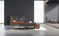 Bureau de direction moderne en forme de L avec finition en grain de noyer et armoire latérale mobile
