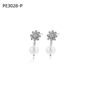 Pendientes Amy Amy con forma de flor, plata 925, perla sintética blanca, redondos, clásicos, joyería de uso diario para mujer PE3028 - Product Image 1