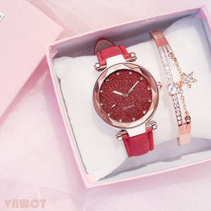 IStapromo Gifts Watch Silver Powder Rhinestone Face Women's Watch Frosted Leather Strap Women's Trendy Two-piece Set Watch - Product Image 6