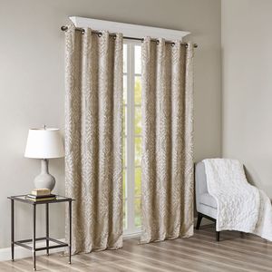 Paire de rideaux jacquard damassé tricotés à œillets intégraux et 2 cantonnières de fenêtre, couleur noire - Product Image 4