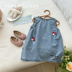 Child Star Circle Girls Denim Dress Sleeveless Mushroom Embroidered Summer Breathable Kids Dress - Product Image 1