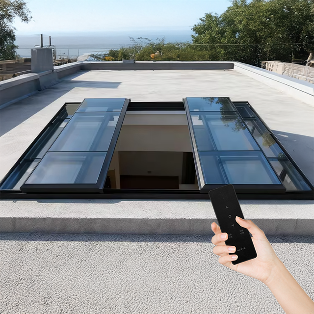 Luxury Modern Sliding Motorized Aluminum Alloy Roof Glass Skylight with Built-in LED Lighting and Smart Control System