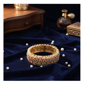 Openable <b>Bangles</b> <b>Set</b> with Gold-Plated Pota Stone and Pearls 10573838 Pearl Bracelets - Product Image 3