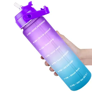 Bouteilles d'eau de 1 litre sans BPA avec paille et poignée Marquage du temps étanche pour Fitness Gym Camping Sports de plein air