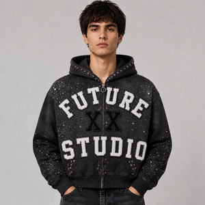 Sudadera con capucha extragrande y corte holgado, personalizada con pedrería, de 450 g/m² de alto gramaje, con bordado de apliques, negra, con lavado ácido y cremallera. - Product Image 1