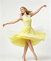 Robe de danse de ballet en dentelle jaune et blanche sans manches, jupe en tulle mi-longue, costume de danse lyrique pour femme pour spectacle sur scène