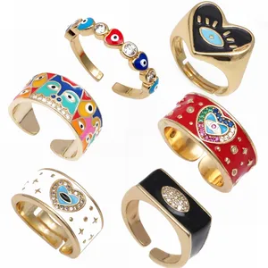 Multi Warna Enamel Lebar Band Kupu-kupu Mata Daisy Bunga Cincin untuk Wanita Enamel Turki Mata Jahat Cincin Terbuka Perhiasan Beruntung