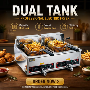 Freidora Eléctrica Comercial de Doble Tanque BaoDing15L, Construcción de Acero Inoxidable, Resistente al Agua IPX3, Control de Temperatura Secional, 5000W*2 - Product Image 1