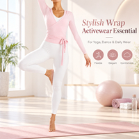 Haut de yoga croisé rose pour femme, à manches longues, style ballet, avec lien à nouer à la taille, coupe ajustée, pour le sport, la gym et le fitness