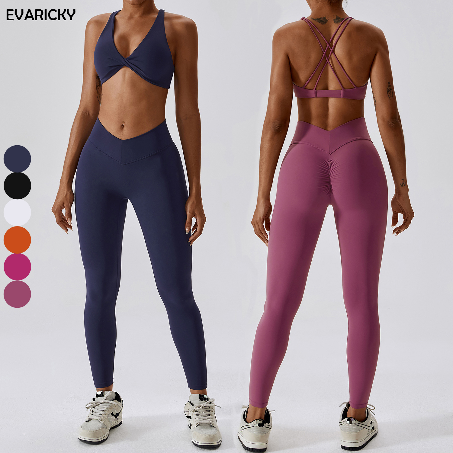 Wholesale Breathable Lightweight Thin Strap Cross Back Twist Front High Waist Yoga Leggings 2 Piece Set for Gym Fitness Workout