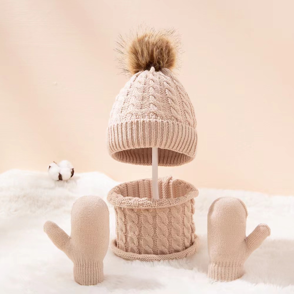 Hot Selling Winter Knit Bay Hat And Scarf Gloves Set Rabbit Plush Crochet Wool Baby Hat For Kids