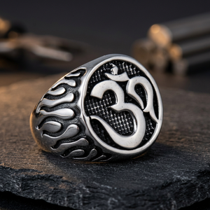 Men's 925 Sterling Silver Om Symbol <b>Ring</b> With Flame Design Religious Hindu Jewelry - Product Image 3