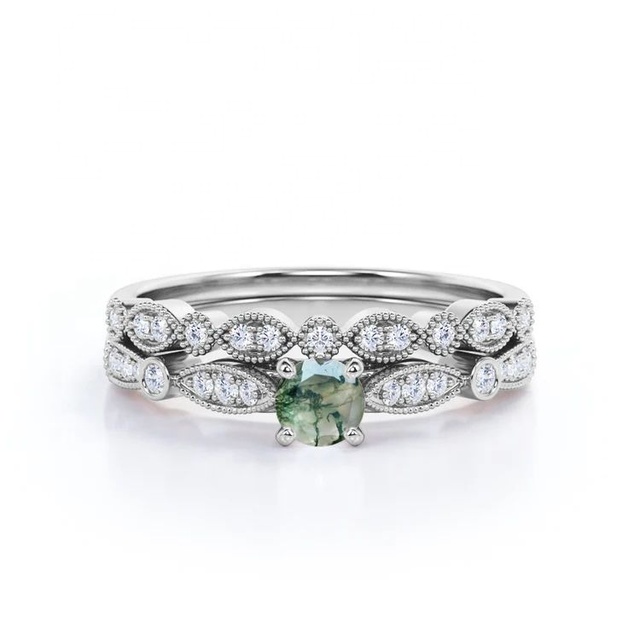Vintage Style 925 Sterling Silver Bridal Ring Handmade Jewelry with Romantic Rhodium & Gold Plating Round Cut Natural Moss Agate