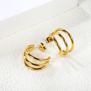Boucles d'oreilles en acier inoxydable à double couche en forme de C, bijoux géométriques dorés et argentés à la mode pour femmes - Product Image 3