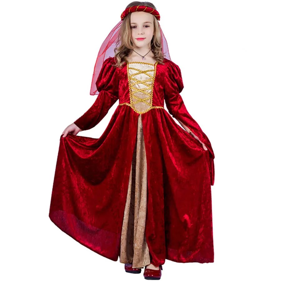 Vestido retrô europeu americano medieval para princesa, cosplay para palco de Halloween, chapéu infantil de poliéster ODM, cinto de cabeça