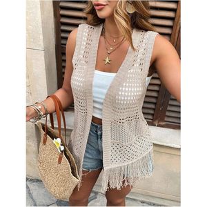 Cárdigan sin mangas con flecos estilo bohemio para mujer FOXA, chaleco de punto calado con frente abierto, prenda exterior transpirable - Product Image 4