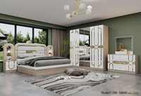 Ensemble complet de chambre à coucher de luxe classique en bois, lit King Size doré, mobilier de maison