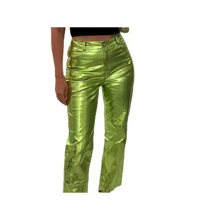 color casual high waist straight luster leather pants women streetwear trousers