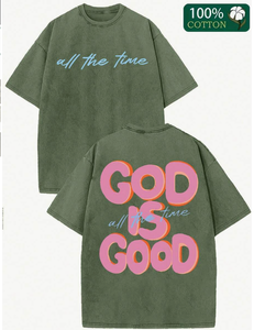 T-shirt Oversize <span class=keywords><strong>Vert</strong></span> Délavé avec Impression 'God Is Good All the Time' - Livraison US en 3 Jours - Streetwear 100% Coton pour <span class=keywords><strong>Homme</strong></span> - Product Image 1