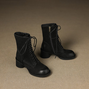 Meilleures ventes : Bottes mi-mollet décontractées en cuir de vachette pleine fleur, couleur unie, style rétro, avec ceinture décorative, imperméables, antidérapantes, à talon épais et confortable - Product Image 2