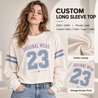 T-shirt personnalisé pour femme en jersey tricoté, coupe courte, manches longues, épaules tombantes, imprimé vintage, style décontracté streetwear