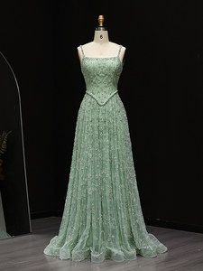S2685N 2026 Nuovo Elegante <span class=keywords><strong>Abito</strong></span> da Sera <span class=keywords><strong>Verde</strong></span> Salvia Lungo fino al Pavimento, Linea A, Maniche Lunghe, in Organza con Cristalli, Antistatico, per Feste Formali - Product Image 4