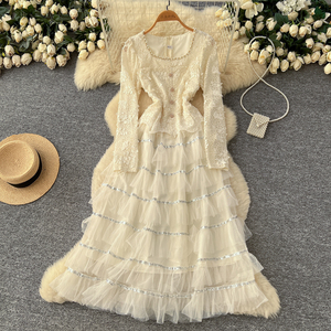 Gaun Midi A-Line Kerah Kotak Gaya Fairycore Musim Panas untuk Wanita, Gaun Jala Bordir Manik-Manik <span class=keywords><strong>Patchwork</strong></span> Empire - Product Image 1