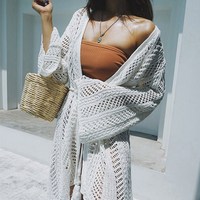 Nouvelle Robe Longue en Tricot Bohème pour Femme 2026, Cache-Maillot Sexy à Manches Longues, Kimono de Plage Sans Ceinture