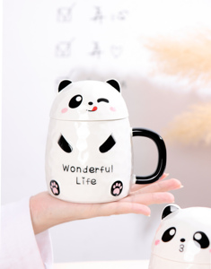 แก้วเซรามิครูปแพนด้าน่ารัก ขนาด 13 ออนซ์ สำหรับเด็ก ชุดแก้วกาแฟเซรามิคพร้อมฝาและช้อน - Product Image 3