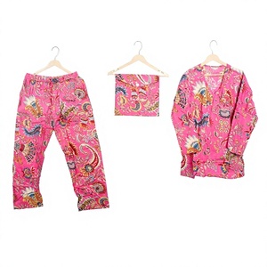 Ensemble de pyjama 3 pièces pour femmes, 100% coton, col en V, manches longues, longueur intégrale, taille élastique, élégant, modeste, doux, séchage rapide, respirant - Product Image 1