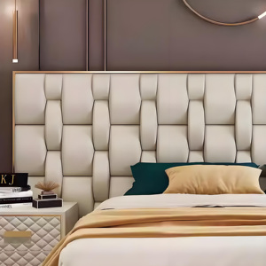 Ensemble de meubles pour chambre à coucher italien de luxe Grande tête de lit Lit classique en cuir véritable Lit rembourré en bois - Product Image 5