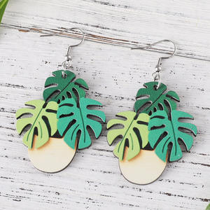 Boucles d'oreilles en bois Vintage Leaf Potted Pendant Boucles d'oreilles double face pour femmes Uionen 1200 - Product Image 4