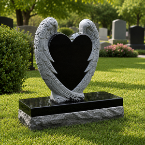 Heart Shape Angel Wings Headstone Black Granite Base Cemetery Monument European Style Traditional Design - Product Image 2