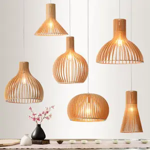 Chinese Dining Room Restaurant Solid Pure Wood Chandelier Creative Birdcage Hotel Wood Lamps Wooden Pendant Lampshades