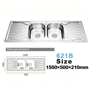 Lavello da Cucina in Acciaio Inox Stampato Modello 621B, Design Moderno <span class=keywords><strong>a</strong></span> Due Fori, Doppia Vasca, <span class=keywords><strong>Dimensioni</strong></span> 1500x500x210mm - Product Image 1