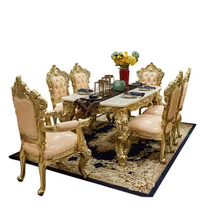 Avrupa katı ahşap lüks yemek masası ve sandalye kombinasyonu mermer yemek masası meşe dikdörtgen fransız noble şampanya altın