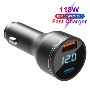 Adaptor pengisi daya USB C PD Gan, pengisi daya mobil 118W, pengisian cepat, tipe C, USB, Port ganda, pengisi daya mobil seluler 100W