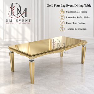 Mesa de Comedor de Acero Inoxidable Dorado Premium con Cristal Espejado, Patas Cónicas con Detalle de Celosía para Suministro de Banquetes de Boda - Product Image 1