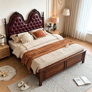 Traditional Mahogany Wood Bed with Genuine Leather Upholstered Headboard Queen Size Storage Bed Soft Bed Design - Product Image 5