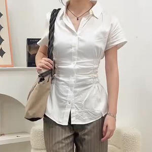 Chemisier Femme Style Académique Couleur Unie Taille Cintrée Manches Courtes Col Blanc Boutonné Coupe Ajustée Décontracté Tenue de Bureau - Product Image 3
