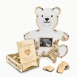 Cornice in Legno a Forma di Orso per Libro degli Ospiti per Baby Shower con Targhette a Cuore e Espositore per Foto Ecografiche - Product Image 2